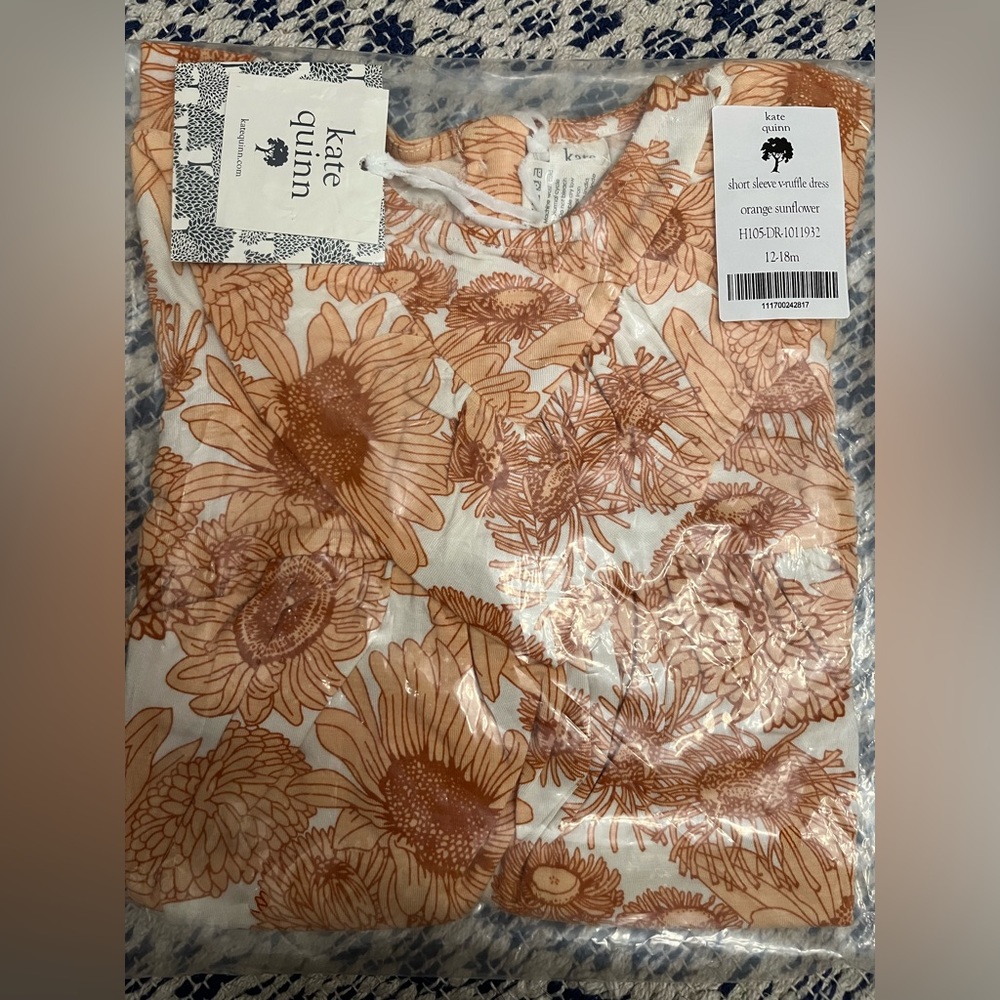 NWT-Kate Quinn Short Sleeve V-Ruffle Dress in orange sunflower,size 12-18 month